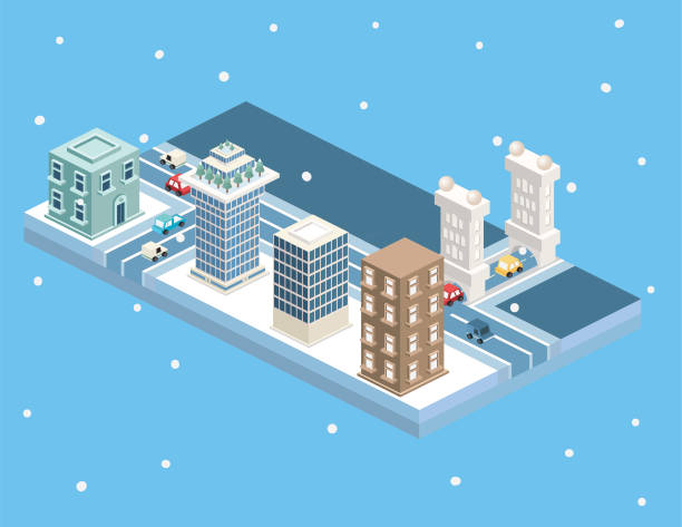 Isometric Modular City Tiles A set of modular tiles in winter. Contains varying buildings and vehicles. snowy road overhead stock illustrations