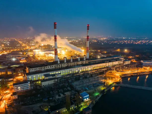 Voronezh thermal power plant at night. Aerial view from drone of large industrial area.