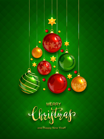 Christmas balls and shiny stars on green background. Illustration with golden lettering Merry Christmas can be used for holiday design, cards, invitations, posters, postcards and banners.