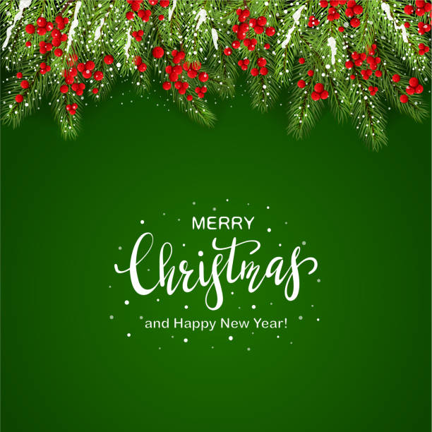 istock Christmas Lettering on Green Background with Holly Berries and Snow 1184015074