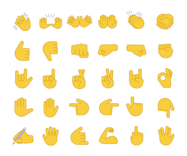 ilustraciones, imágenes clip art, dibujos animados e iconos de stock de gesto de mano emojis iconos de color conjunto - human thumb pointing human finger human hand