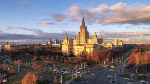 istock Aerial panoramic sunset view of Moscow university campus under dramatic sky in autumn 1184016764