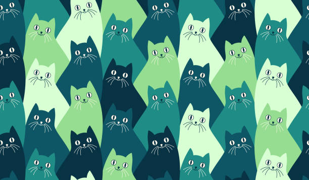 Seamlessly repeating kitty cat pattern with happy cats with whiskers.
