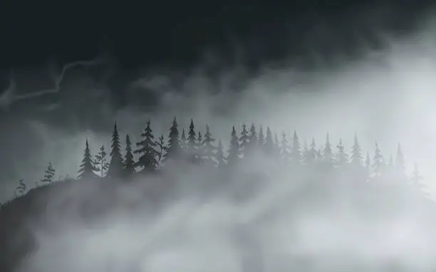 Vector illustration of Dark spooky realistic halloween forest on the hill at night in the fog.