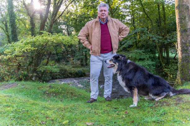 istock Active senior man with dog in countryside 1184022696