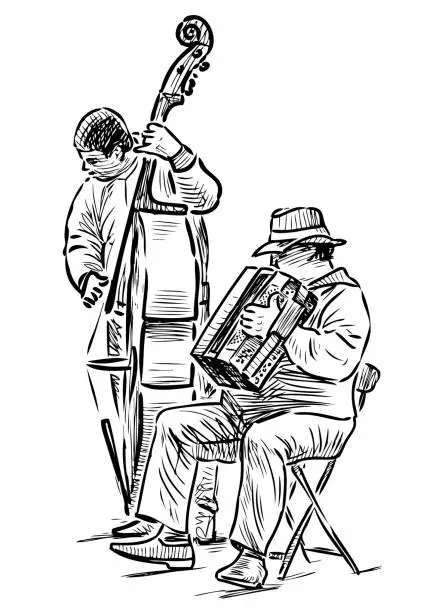 Vector illustration of Sketch of musicians duet playing on double bass and accordion