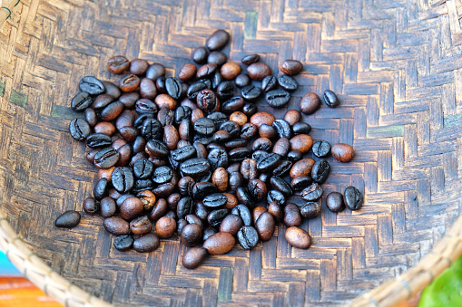 Roasted coffee beans in a tray