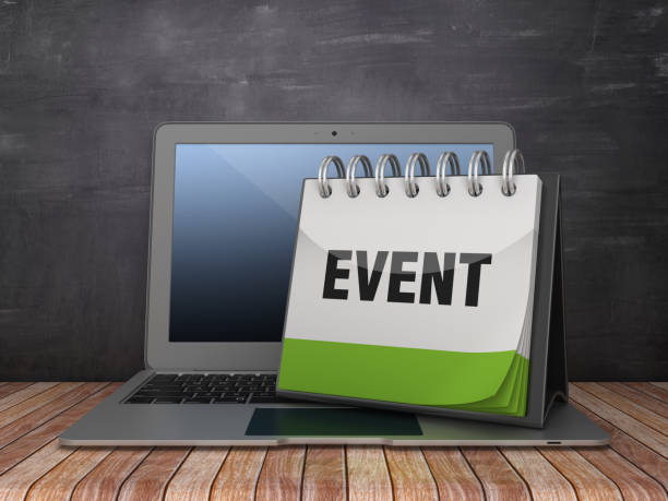 istock EVENT Calendar with Computer Laptop on Chalkboard Background - 3D Rendering 1184033836