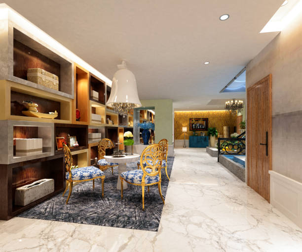 istock 3d render of luxury hotel lobby and reception 1184035106