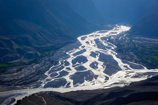 Confluence of Pin and Spiti rivers in Himalayas. Spiti valley, Himachal Pradesh, India