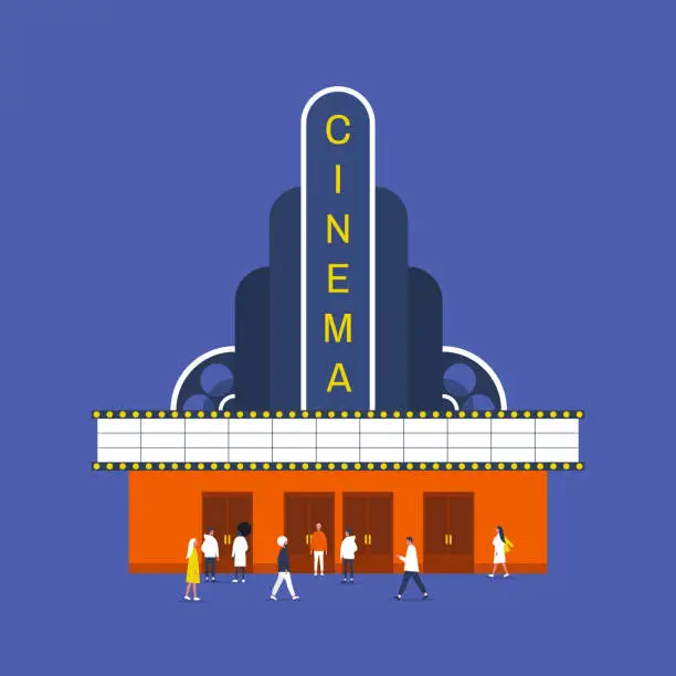 Vector illustration of Cultural life and entertainment, Old fashion american cinema building, people walking and standing in front of the entrance