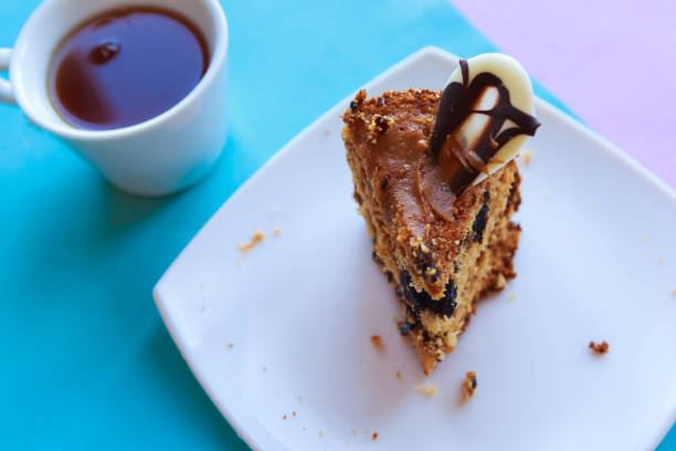 istock Sliced tasty chocolate cake and tea cup 1184041945