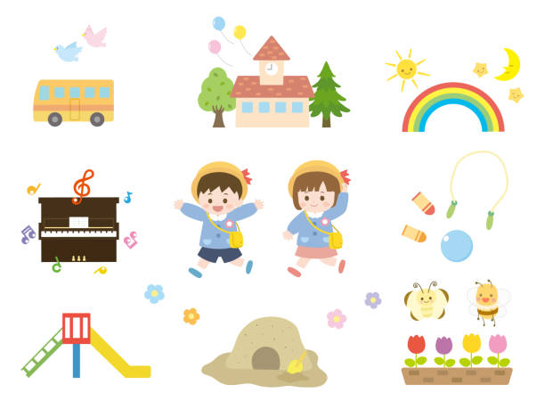 illustrazioni stock, clip art, cartoni animati e icone di tendenza di set dell'asilo1 - sun sky child balloon