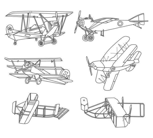 illustrations, cliparts, dessins animés et icônes de ensemble de griffonnages d'avions de cru - airplane biplane retro revival old fashioned