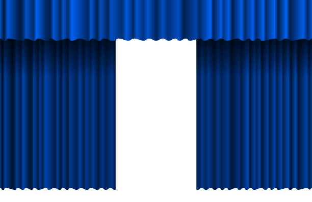 istock Opened luxury blue realistic curtain stage backdrop. Grand open theater event velvet fabric drape opening ceremony. Vector theatre cinema premiere presentation isolated drapery illustration 1184044681