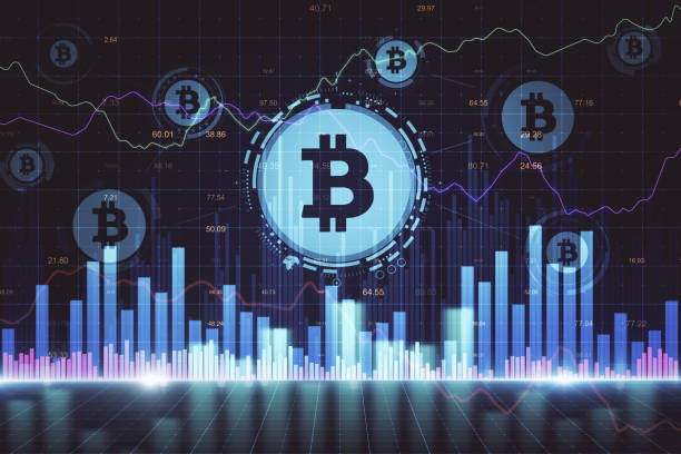 Cryptocurrency and trade concept Glowing background with forex chart and bitcoin sign icons. Cryptocurrency and trade concept. 3D Rendering bitcoin trading stock pictures, royalty-free photos & images