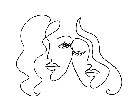 Couple girlfriend and sisters. Woman face with wavy hair. Fashion, friendship and love concept. Black and white hand drawn line art. Abstract outline vector illustration