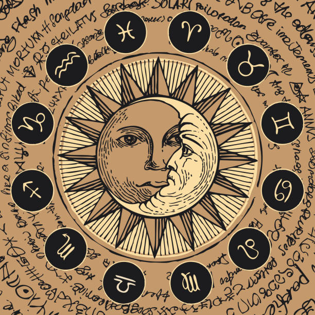 circle of zodiac signs with Sun and crescent Moon Vector circle of the Zodiac signs in retro style with icons, decorated with hand-drawn sun and crescent moon in black and beige colors. Banner with old manuscript in retro style written in a circle. cosmos of the stars of the constellation capricorn and gems stock illustrations