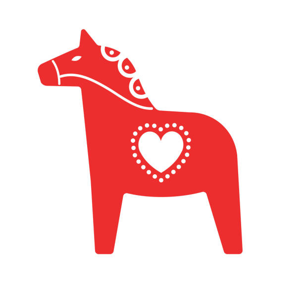 bildbanksillustrationer, clip art samt tecknat material och ikoner med vektor röd tecknad flat skandinavisk svensk dala häst med ornament - swedish christmas
