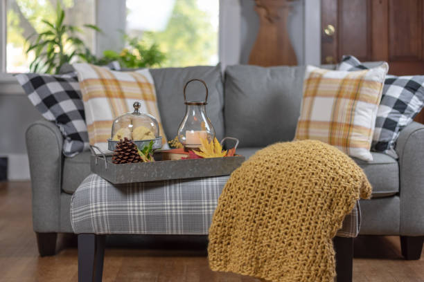 Cozy living room decorated for fall Decorating for fall - cozy living room checked pattern photos stock pictures, royalty-free photos & images