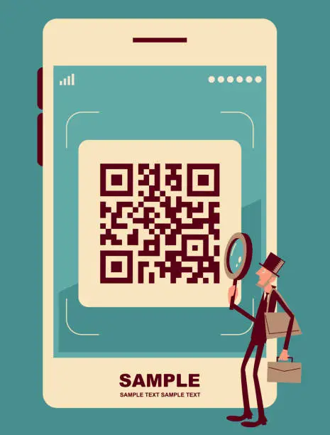 Vector illustration of Businessman standing in front of a big mobile phone with QR code payment and looking through a magnifying glass