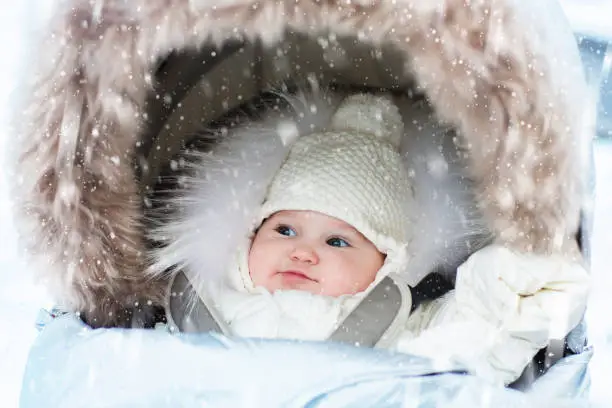 Photo of Baby in stroller in winter snow. Kid in pram.