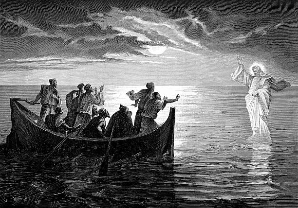 Jesus Cristo caminha sobre a água - ilustração de arte vetorial