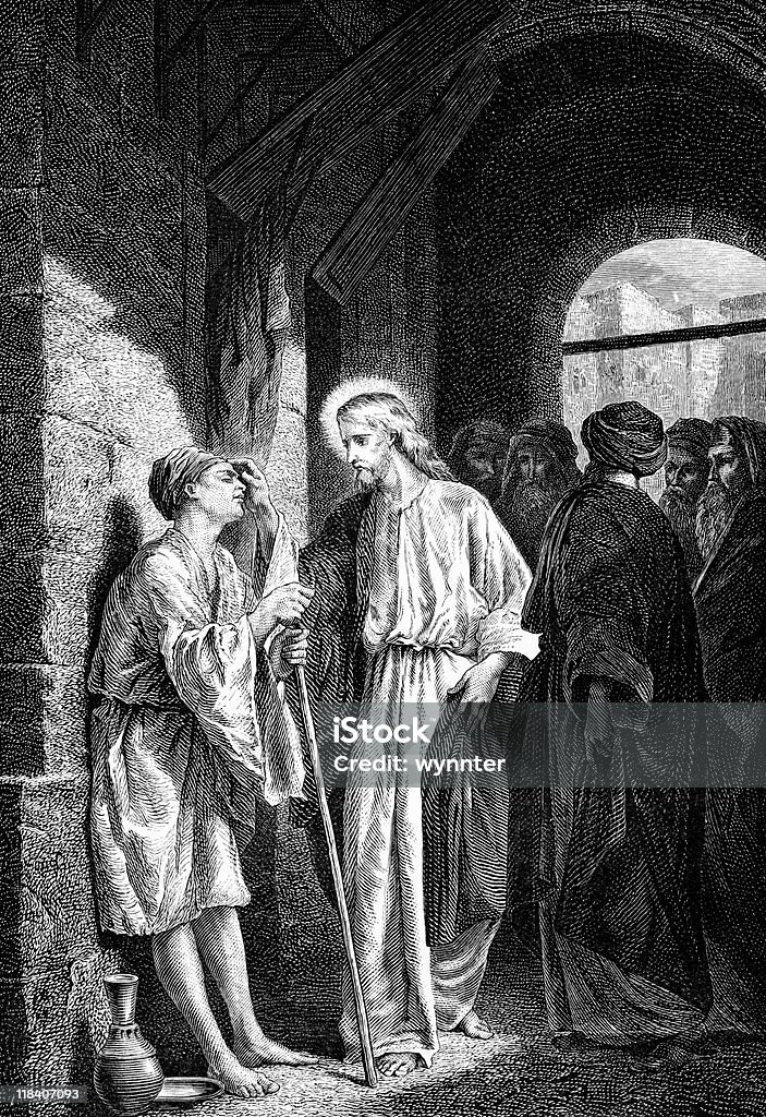 Jesus Christ Heals a Blind Man  Christianity stock illustration