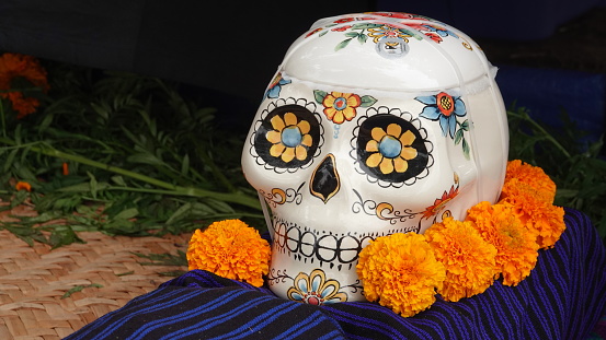 Painted sugar skulls are always seen at Day of the Dead (Dia de los Muertos) displays.