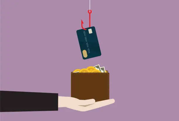 Vector illustration of A fishing hook stealing credit card from a wallet