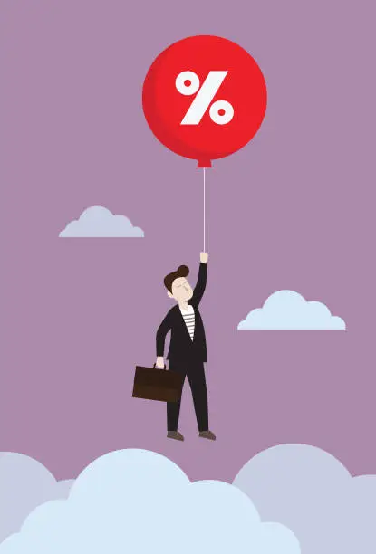 Vector illustration of Businessman floating with percentage symbol balloon