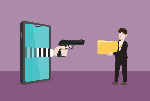 ilustraciones, imágenes clip art, dibujos animados e iconos de stock de un ladrón con un arma en el teléfono móvil roba un archivo de un hombre de negocios - gun violence
