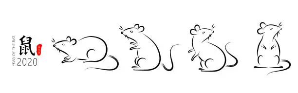 Vector illustration of A set of hand-drawn mouse vector illustrations in Chinese calligraphy style, Chinese characters: rat, the Chinese character on the red stamp is: Geng Zi Nian