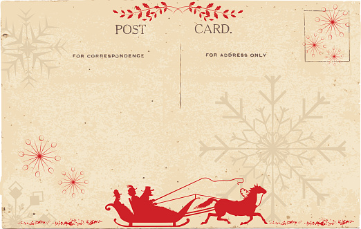 Vintage postcard with an old fashioned parchment with people in red sleigh and horse silhouette. The postcard, lettering & elements are on their layers for easier editing. Red sleigh, horse and snowflakes of various sizes on parchment colored background.