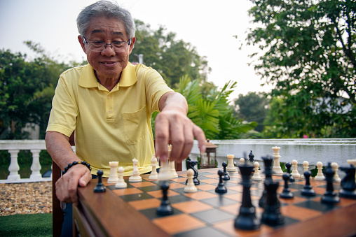 Grandfather Playing Chess Board Game At Garden