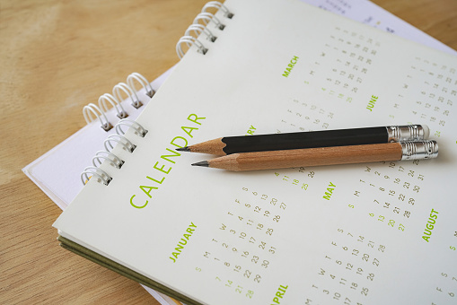 close up of pencils with yearly camera on wooden table