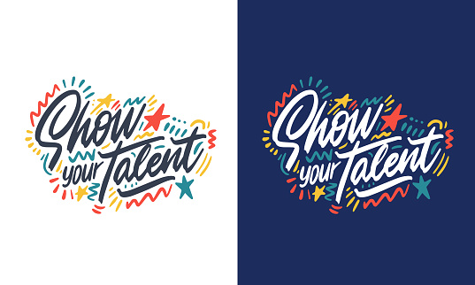 Show your talent sign. Set of handwritten text for school talent show auditions, office party, singing contest in karaoke.