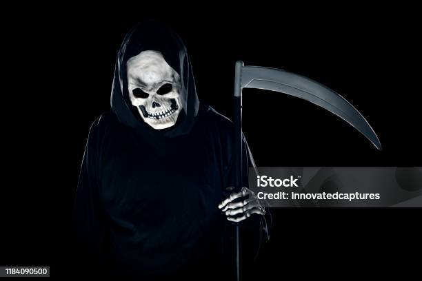 Grim Reaper Ghost Coming Out Of The Foggy Mist Stock Photo - Download Image Now - Black Color, Bone, Costume