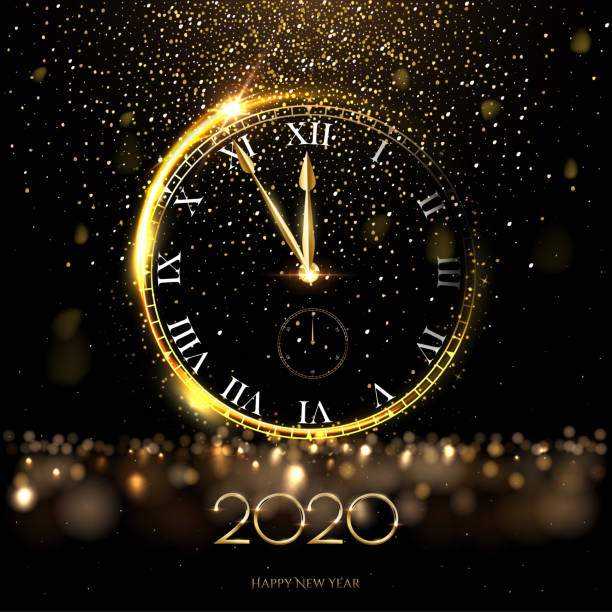 istock Golden 2020 number with big watch vector illustration 1184092410
