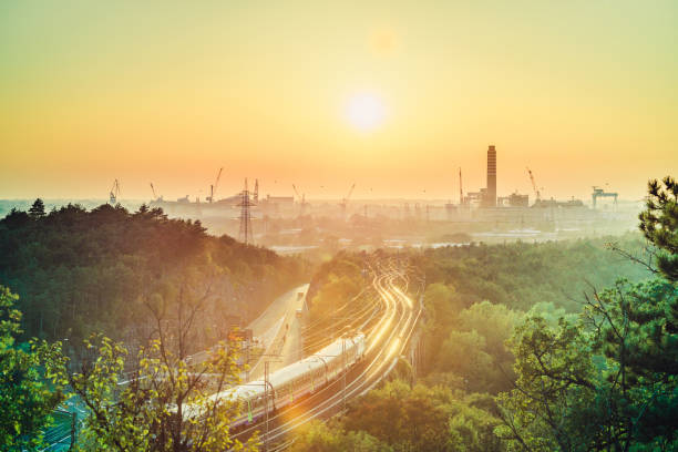 Sunset on an industrial area in the city
