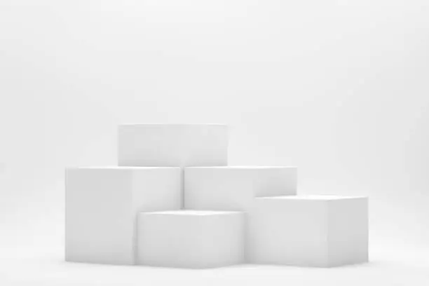 3d rendering of white color blank product stands on white background for the presentations.