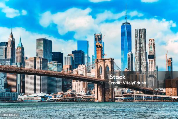 Suspension Brooklyn Bridge Across Lower Manhattan And Brooklyn New York Usa Stock Photo - Download Image Now