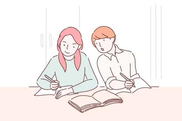 Vector illustration of Cheating on test. Teenager student peeping to the test-book of his female classmate sitting one desk before him. Boy copying another students work in exam i nexam hall in college.