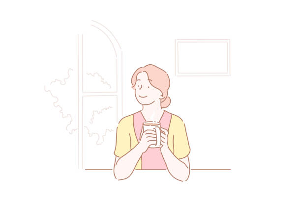 illustrazioni stock, clip art, cartoni animati e icone di tendenza di bella ragazza che beve una tazza di caffè in cucina. - stereotypical housewife
