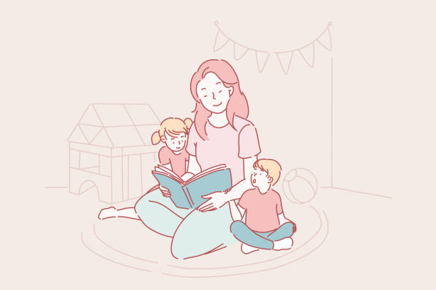 illustrazioni stock, clip art, cartoni animati e icone di tendenza di festa della mamma, asilo, concetto di maternità. - child book reading offspring