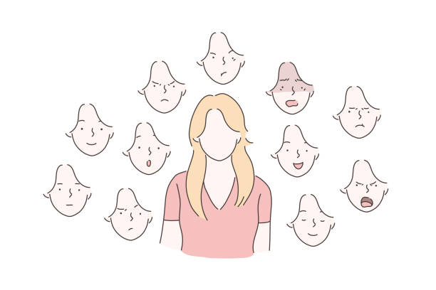 Set of woman emotions concept. Set of woman emotions concept. Young girl with surprised, angry, scared, happy, smiling, joyful facial expression. Vector flat design. people laughing hard stock illustrations