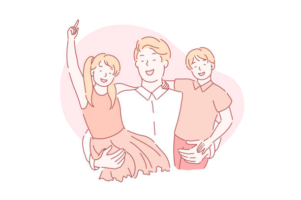 Fathers day, fatherhood, paternity concept. Fathers day, fatherhood, holiday concept. A loving young father holds his happy children in his arms. Laughing daughter and son hug their dad. Vector flat design. paternity stock illustrations