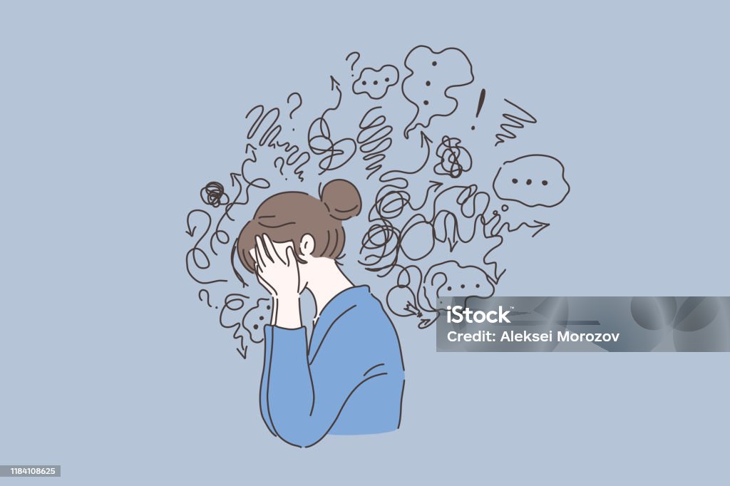 Mental disorder, finding answers, confusion concept Mental disorder, finding answers, confusion concept. Woman suffering from depression, closing face with palms in despair, girl trying to solve complex problems. Simple flat vector Emotional Stress stock vector