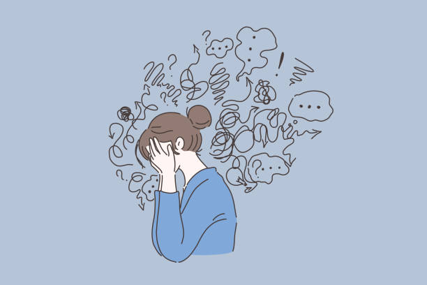 Mental disorder, finding answers, confusion concept Mental disorder, finding answers, confusion concept. Woman suffering from depression, closing face with palms in despair, girl trying to solve complex problems. Simple flat vector worried stock illustrations