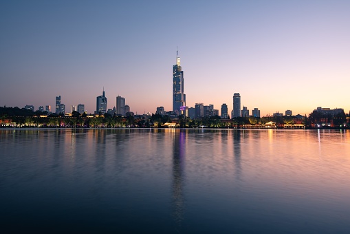 Skyline of Nanjing City by Xuanwu Lake at Sunset.